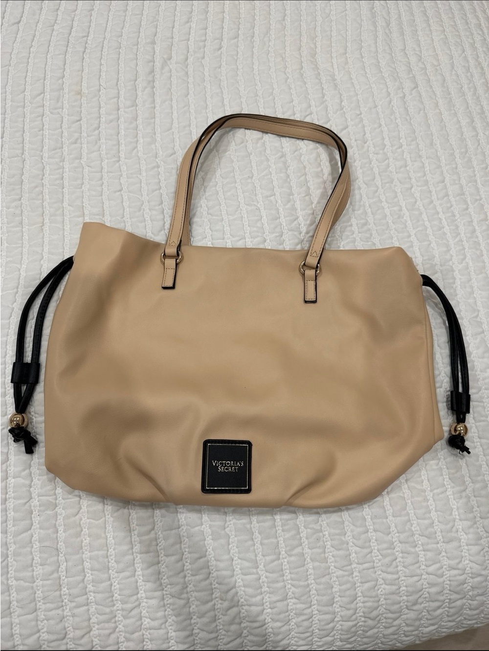 Victoria's Secret Beige Tote with Black Drawstring Accents